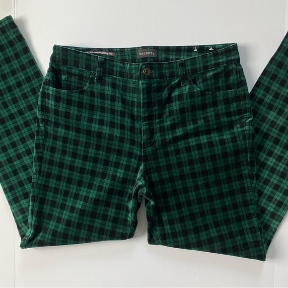 Talbots Pants 10P Velveteen Straight Leg Green Plaid Academia Holiday New Womens - Picture 3 of 15